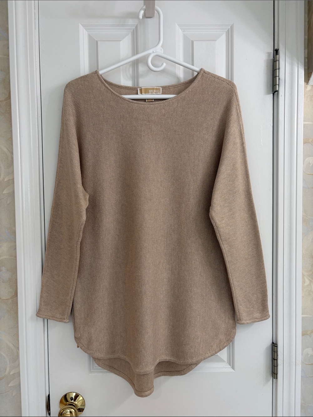 Michael Michael Kors Beige Knit Long-Sleeve Cotton Blend Tunic Sweater